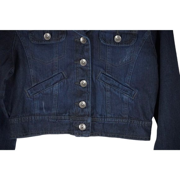 l.e.i. Cropped Jean Jacket Distressed Juniors Size M Indigo Blue Stretch Denim - Picture 4 of 10